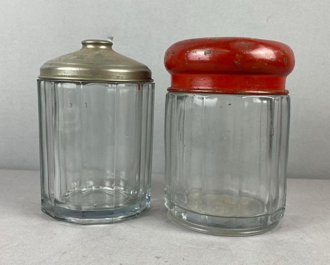 Group of 2 Ribbed Glass Dispenser Jars: Largest 6 inches tall.