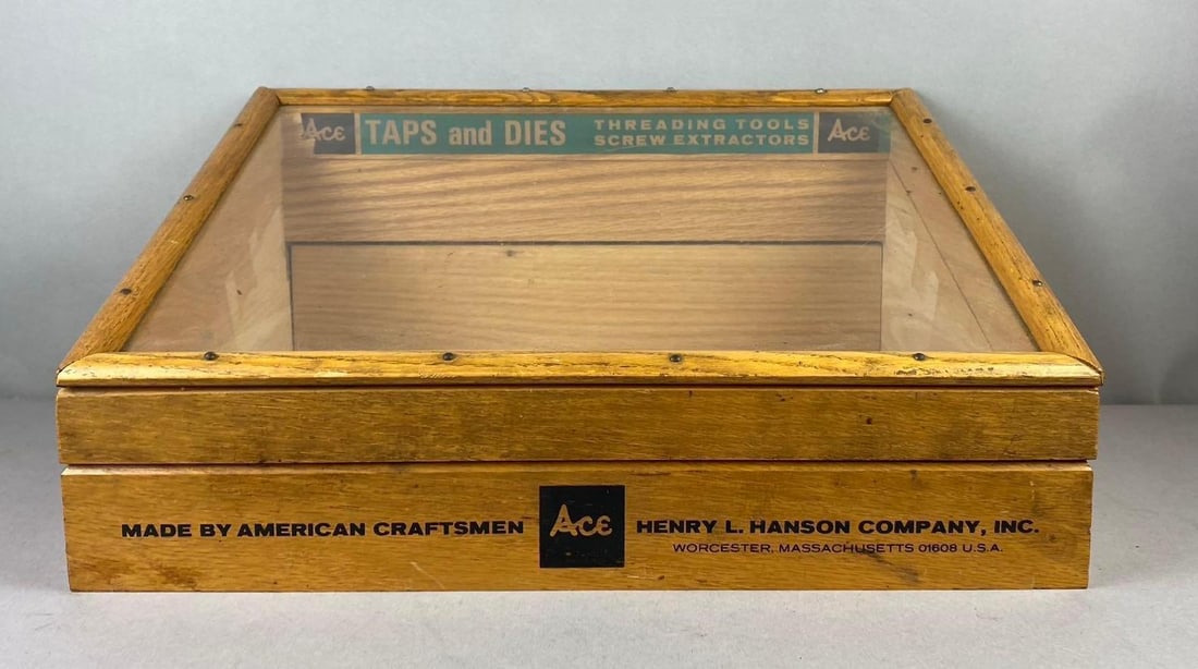 Vintage Henry L. Hanson Ace Hardware Taps and Dies Wood Countertop Display Case: Measure H 9 x W 13 x L 18 inches.