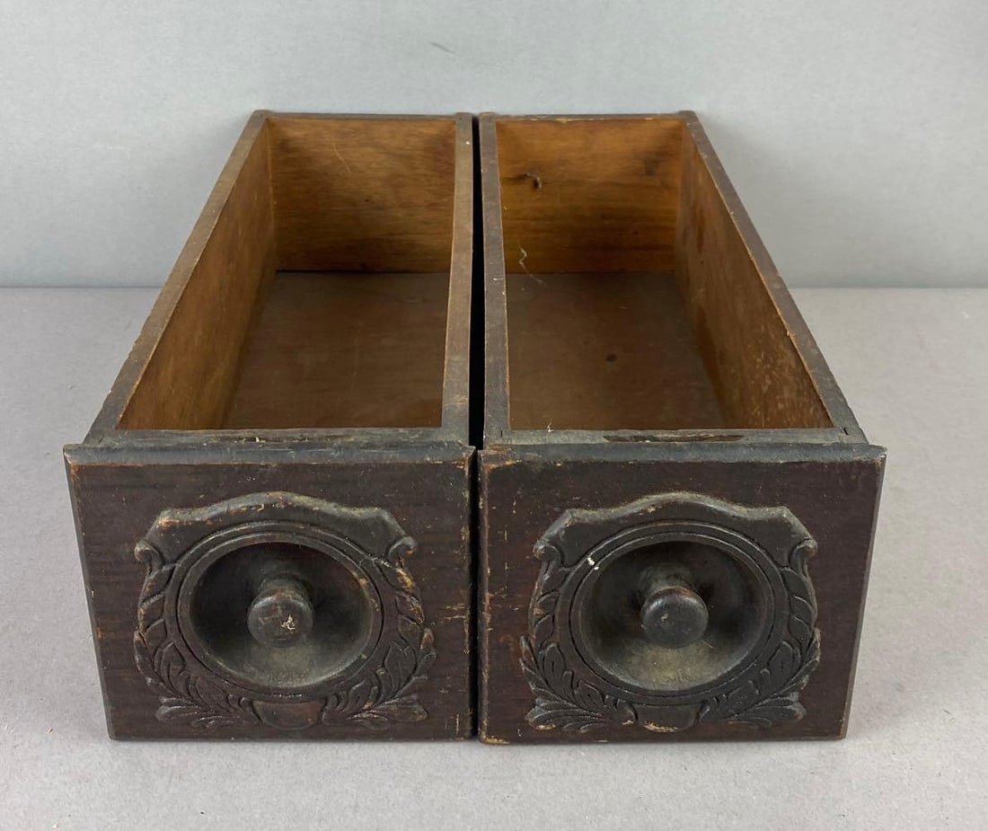 Group of 2 Antique Singer Treadle Sewing Machine Cabinet Drawers: Measure H 4 x W 4 1/2 x W 12 1/2 inches.