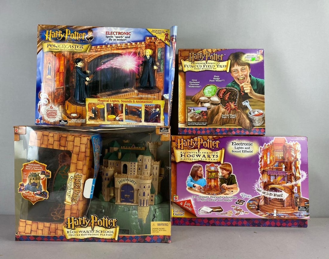 Group of 4 Mattel Harry Potter Playsets: Includes Powercaster, Hogwarts, and more. Packaging have water damage. Largest measures H 12 x W 9 x L 16 inches