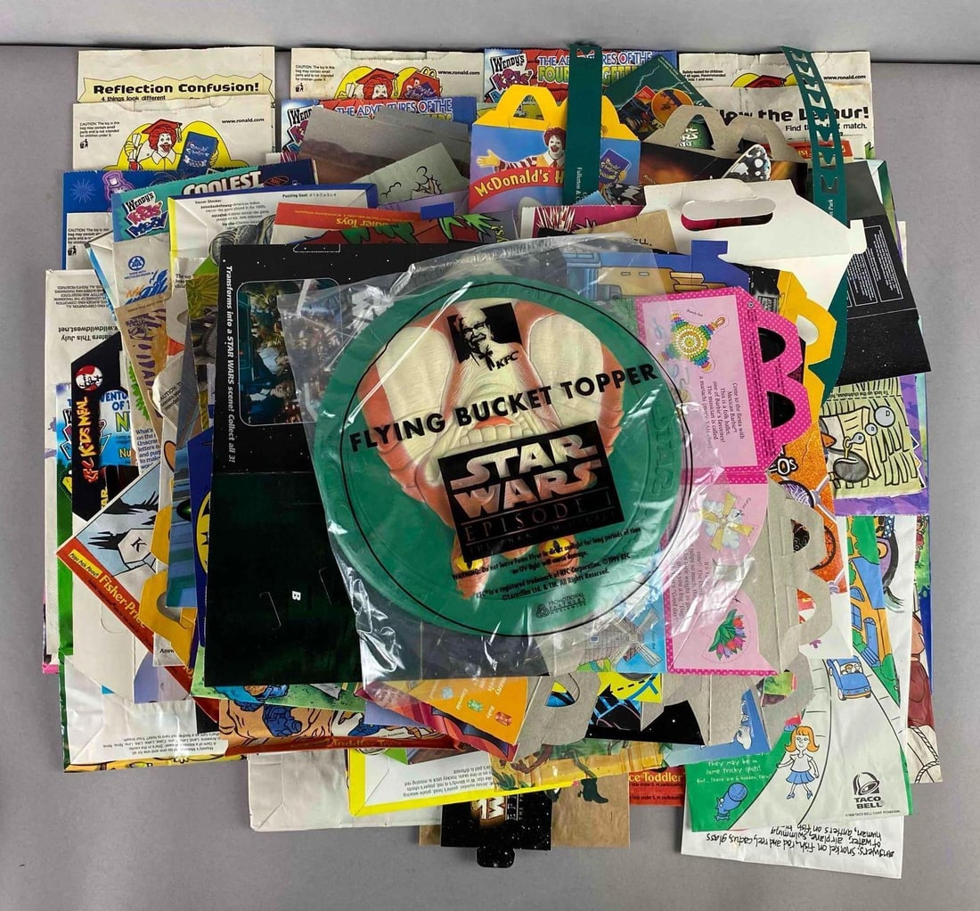 Group of 100+ McDonalds/ Wendys Movie Advertising Bags and More: Includes McDonalds Happy Meals, Movie items, and more. Largest measures L 11 x W 6 inches.
