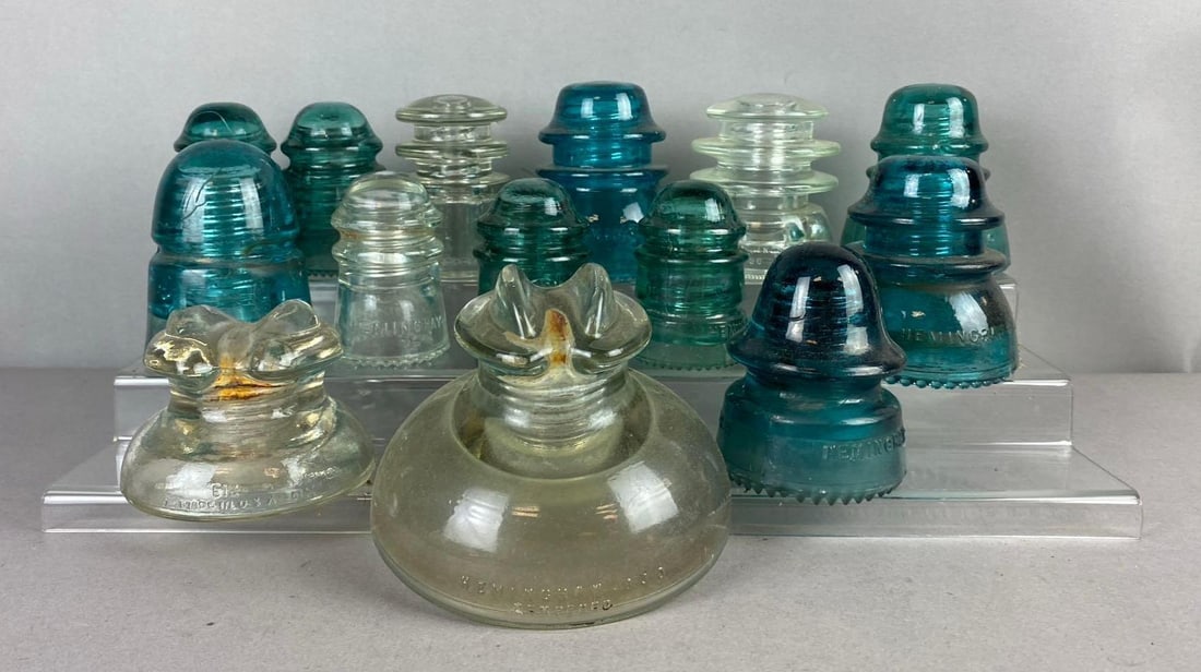 Group of Assorted Vintage Hemingray Glass Insulators and more: Includes Armstrong and more. Largest measures 4 inches stand not included.