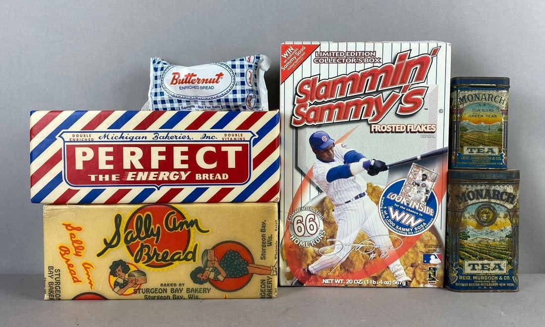 Group of Assorted Vintage Food Advertising Boxes and More: Includes empty Slamming Sammys cereal box, perfect bread bag, and more. Large measures H 11 x W 3 x L 8 inches.