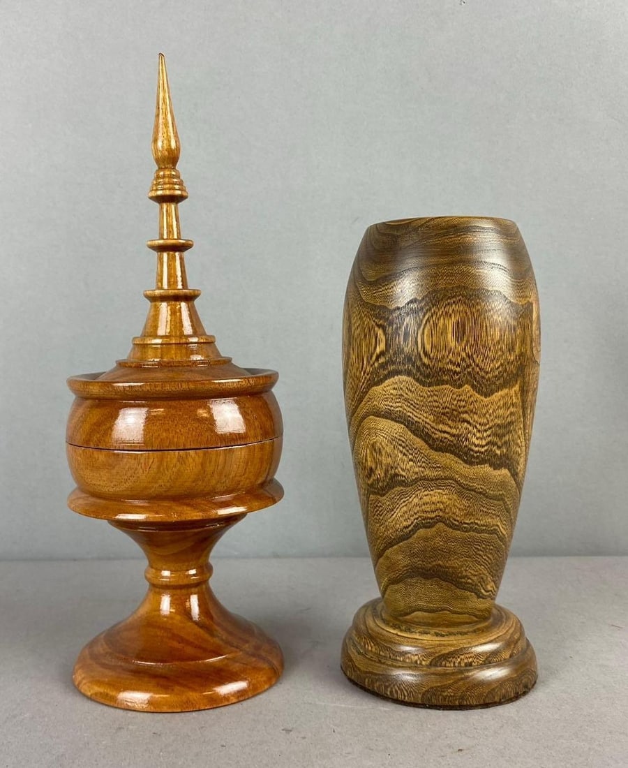 Group of 2 Turned Wood Items: Includes case and container. Large measure 10 inches tall.