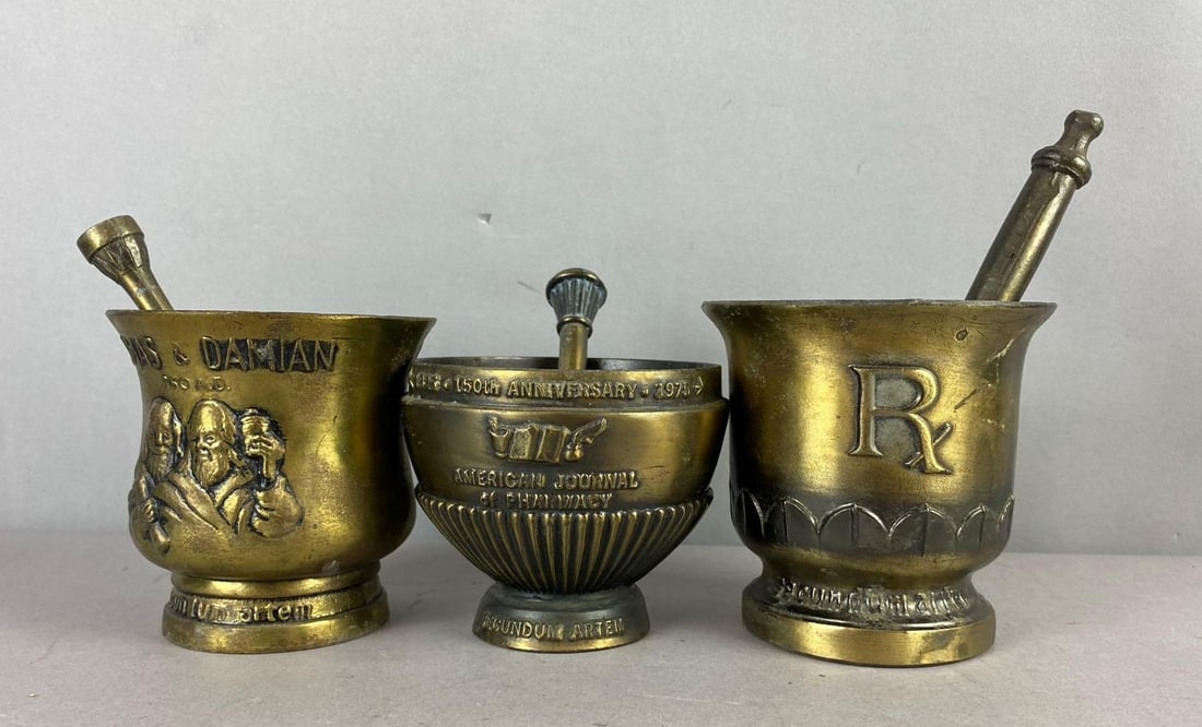 Group of 3 Pharmaceutical Advertising Mortar and Pestles: Includes RX, 1975 150th anniversary American Journal of Pharmacy, and More. Largest measures H 5 x W 5 x L 5 inches.