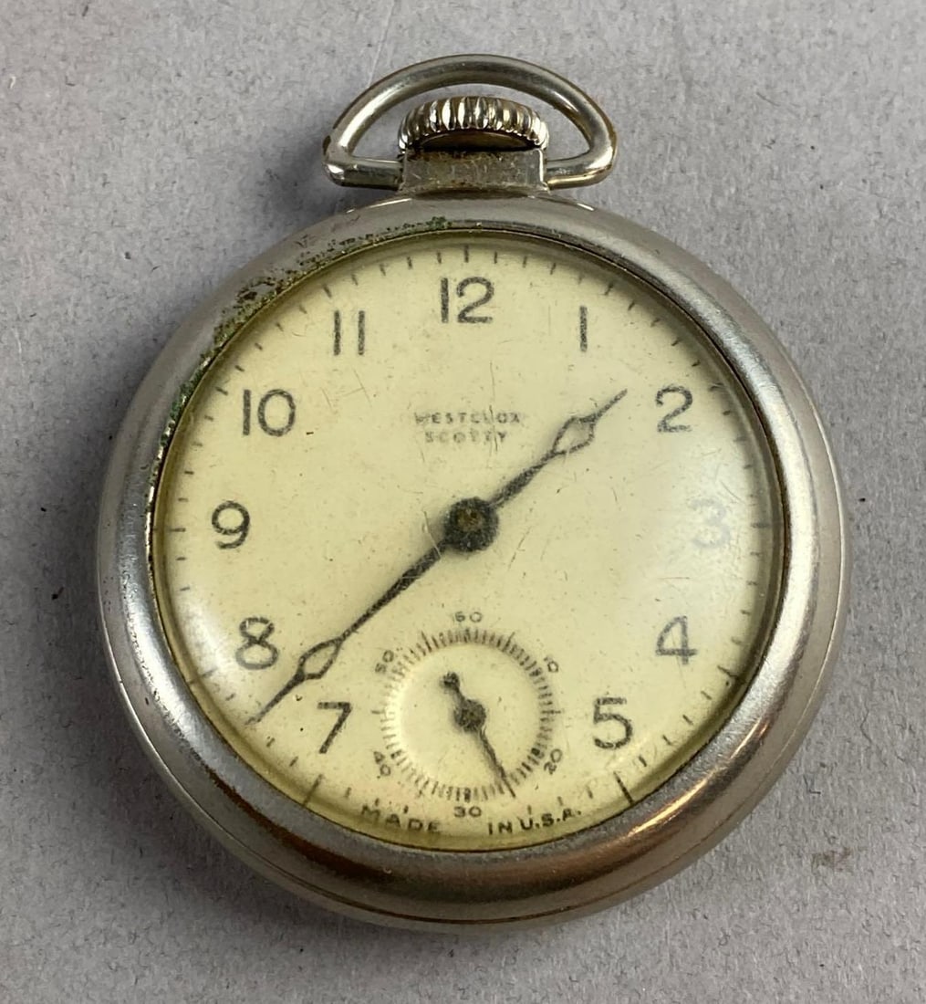 Vintage 1950s Westclox Scotty Dollar Pocket Watch: Tested and working. Measures 2 inches in diameter.