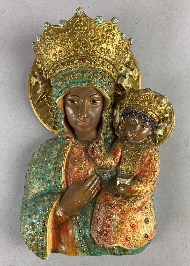 Vintage Polish Black Madonna of Czestochowa Chalkware Plaque: Measures L 10 x W 7 inches. Chips and cracks throughout.