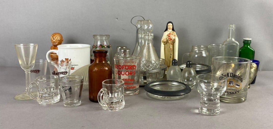 Group of Assorted Shot Glasses and More: Include ls Decanter, whiskey glasses, and more. Largest measure 6 inches tall.