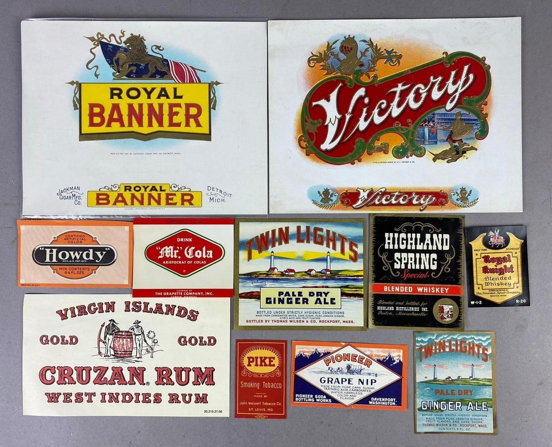 Group of Assorted Antique Labels and More: Includes Pike Smoking Tobacco, Twin Lights Ginger Ale, and more. Largest measures L 8 1/2 x W 7 inches.