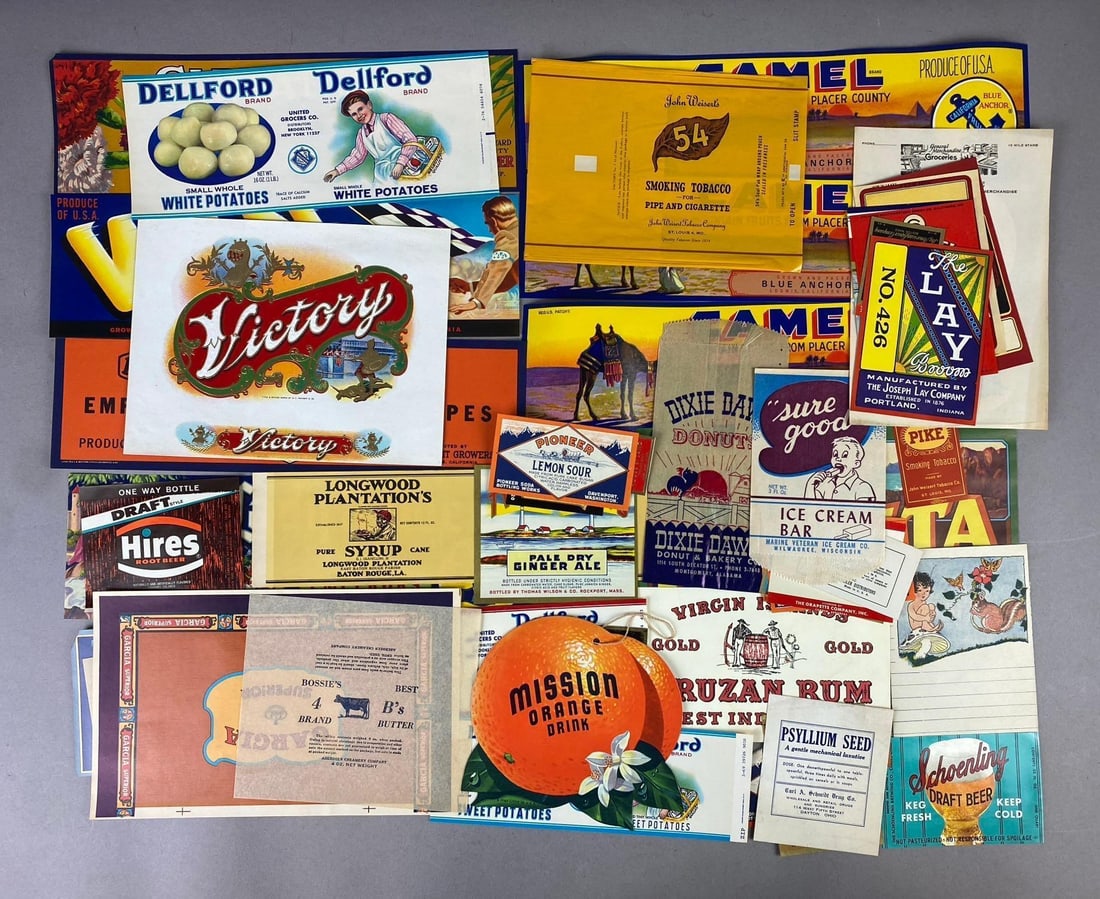 Group of Vintage Advertising Labels and More: Includes Goleta Label, Camel Label, and more. Largest measures L 11 x W 8 1/2 inches.