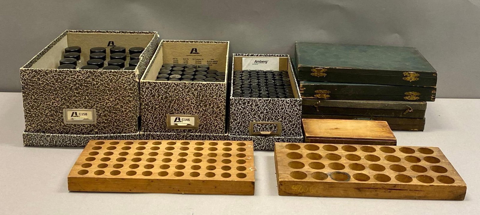 Group of Assorted Vintage Microscope Slide Specimens and More: Includes Assorted sized glass jara, ampule holders and large assortment of slide specimens, largest box measures 6 inches H x 8 1/2 inches W x 12 inches D