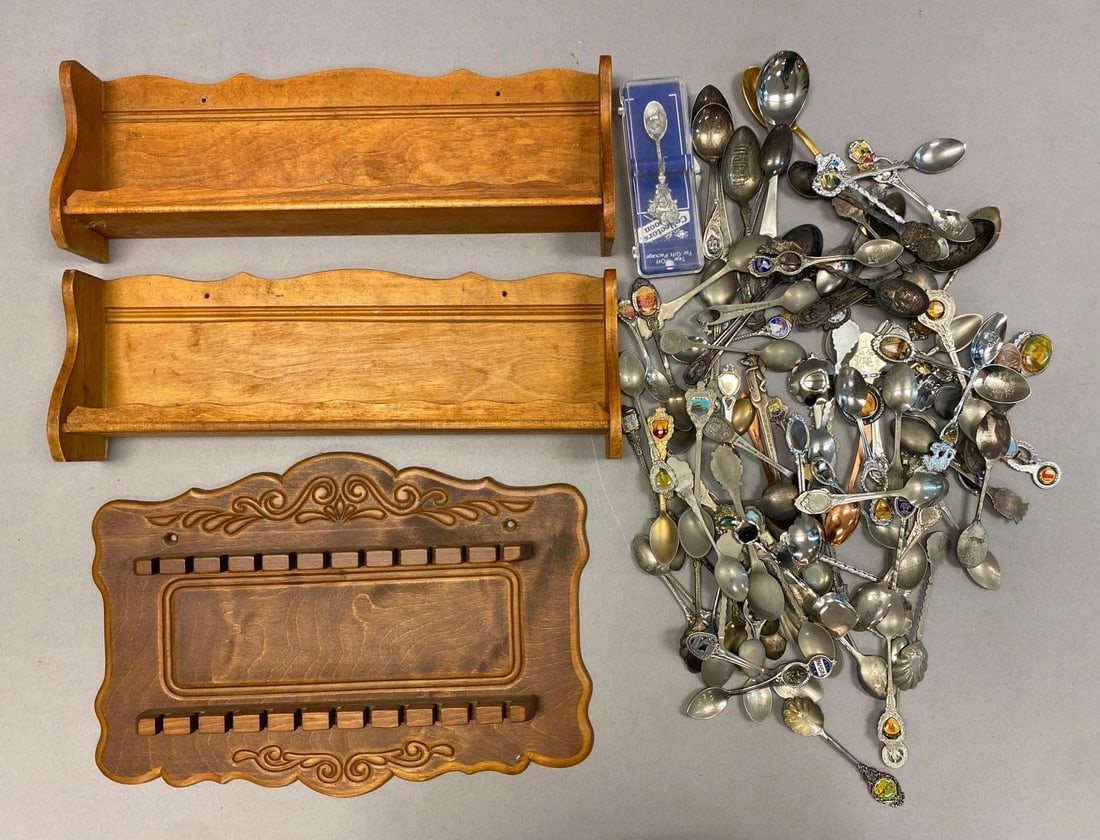 Group of Assorted Souvenir Spoons and Wood Display Shelfs (1 of 3)