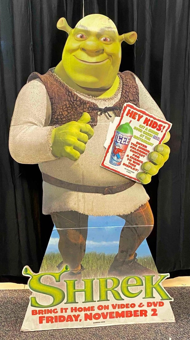 2001 Shrek Sour Green Icee Advertising Cardboard Standup: Creases and tears throughout, measures 65 inches H x 34 inches W