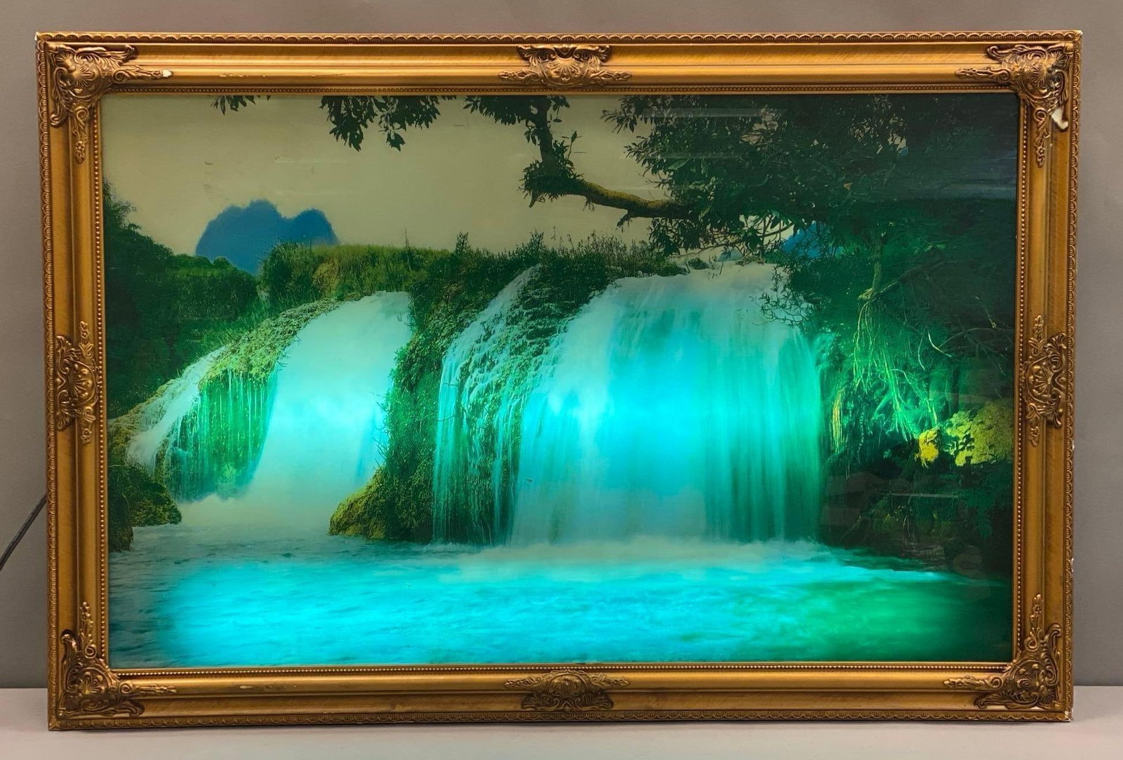 Vintage Light Up Motion Waterfall Shadowbox: Motion In working condition, measures 29 inches H x 43 inches W