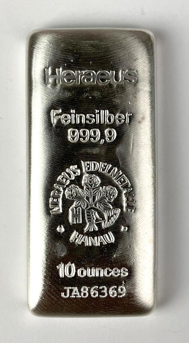 Heraeus Hanau 10 oz 999.9 Fine Silver Ingot/ Bar: Heraeus Hanau 10 oz 999.9 Fine Silver Ingot/ Bar