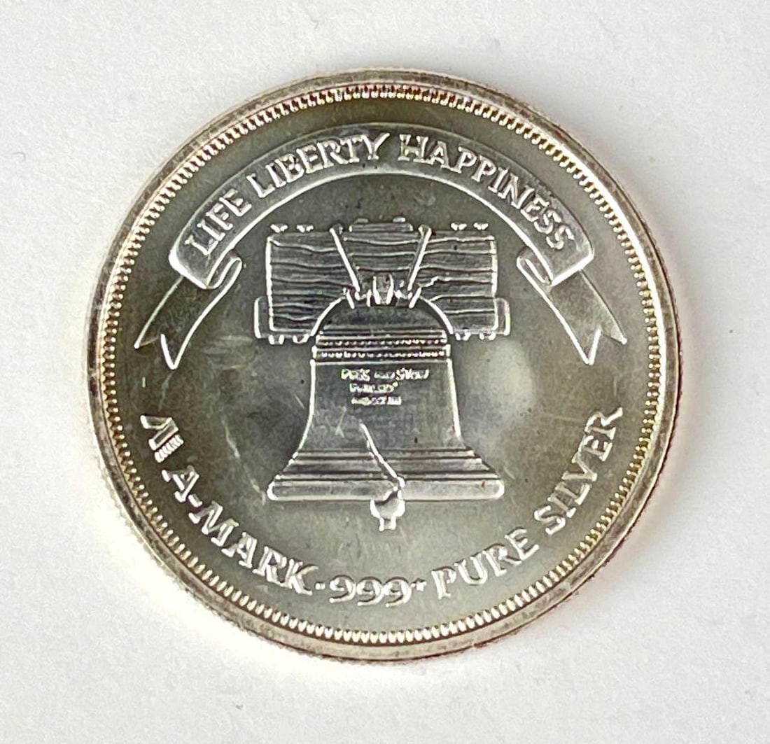 A Mark Life Liberty Happiness 1 oz 999 Silver Round: A Mark Life Liberty Happiness 1 oz 999 Silver Round