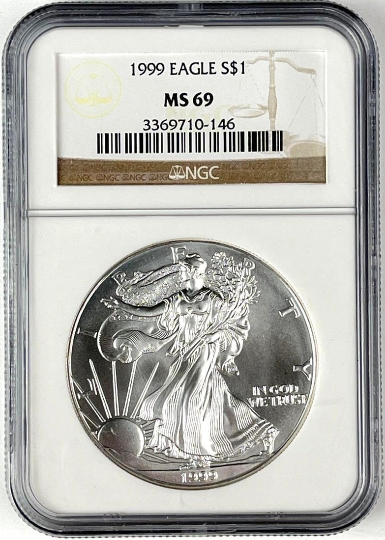 1999 US $1 American Silver Eagle 1 oz Fine Silver Coin NGC MS69: 1999 US $1 American Silver Eagle 1 oz Fine Silver Coin NGC MS69