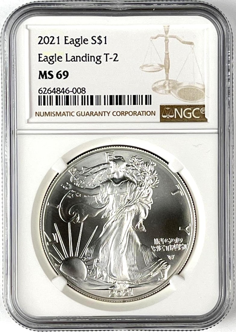 2021 US $1 American Silver Eagle 1 oz Fine Silver Coin NGC MS69: Eagle Landing T-2