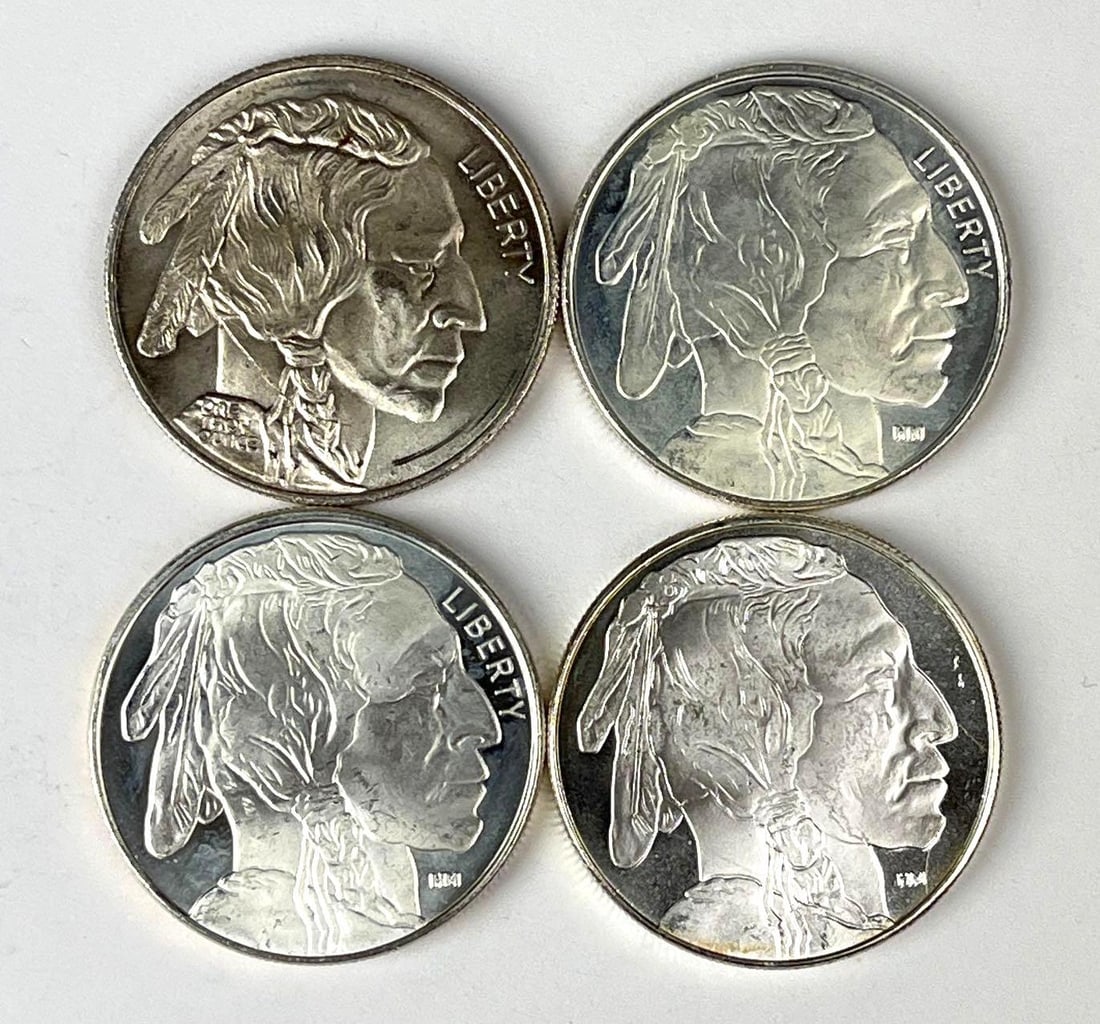 Group of 4 Highland Mint Buffalo Design 1 oz 999 Fine Silver Rounds: Group of 4 Highland Mint Buffalo Design 1 oz 999 Fine Silver Rounds