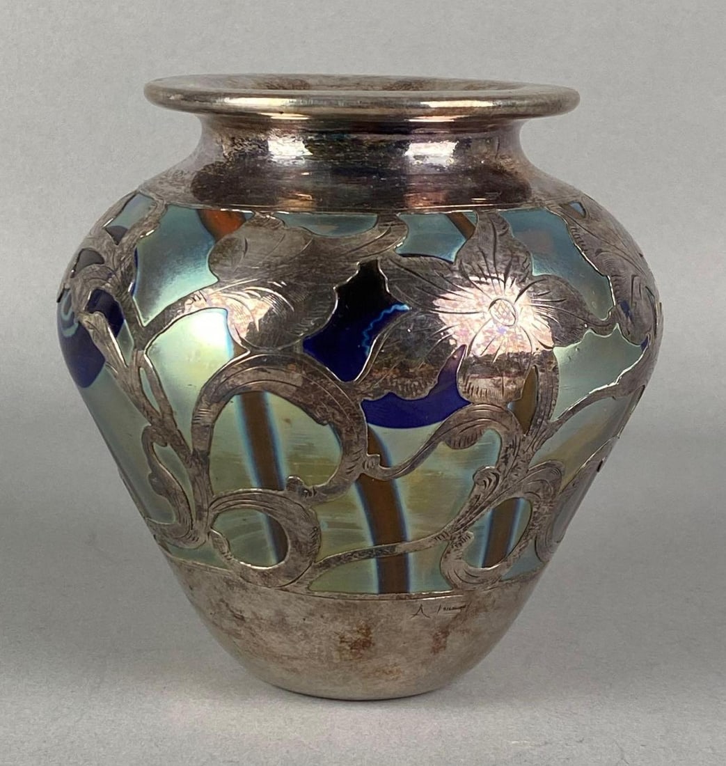 Antique Czechoslovakian Sterling Silver Overlay Art Nouveau Iridescent Art Glass Vase: Etched on base, measures 5 1/4 inches H x 5 inches W x 5 inches D
