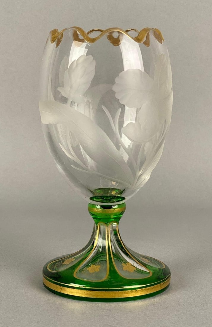 Vintage Bohemian Emerald Green Cut To Clear Intaglio Floral Motif Goblet: Features scalloped rim, Measures 5 1/2 inches H x 2 3/4 inches W x 2 3/4 inches D