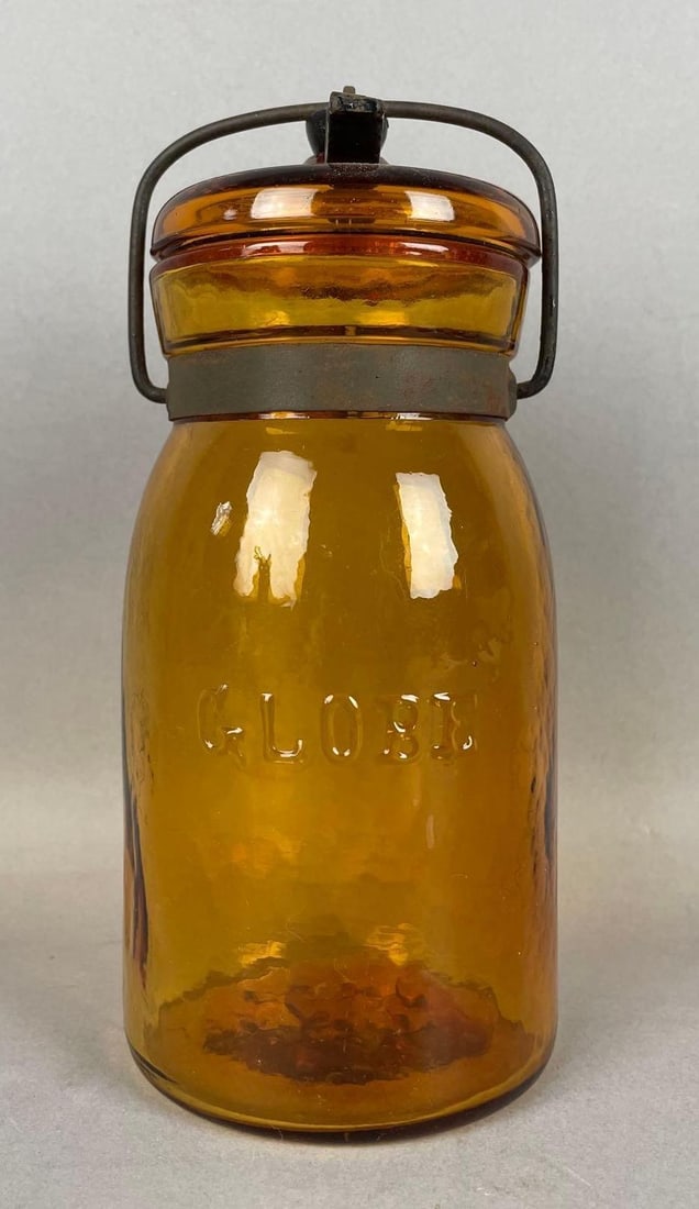 Antique Globe Amber Glass Fruit Jar with Wire Bail Lid (1 of 4)