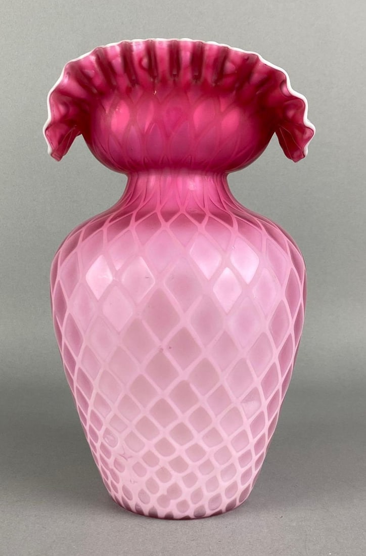 Antique Frosted Cased Diamond Quilted Art Glass Vase: faceted pontil mark shown, features a ribbon rim, bruise shown, measures 9 1/4 inches H x 5 1/4 inches W