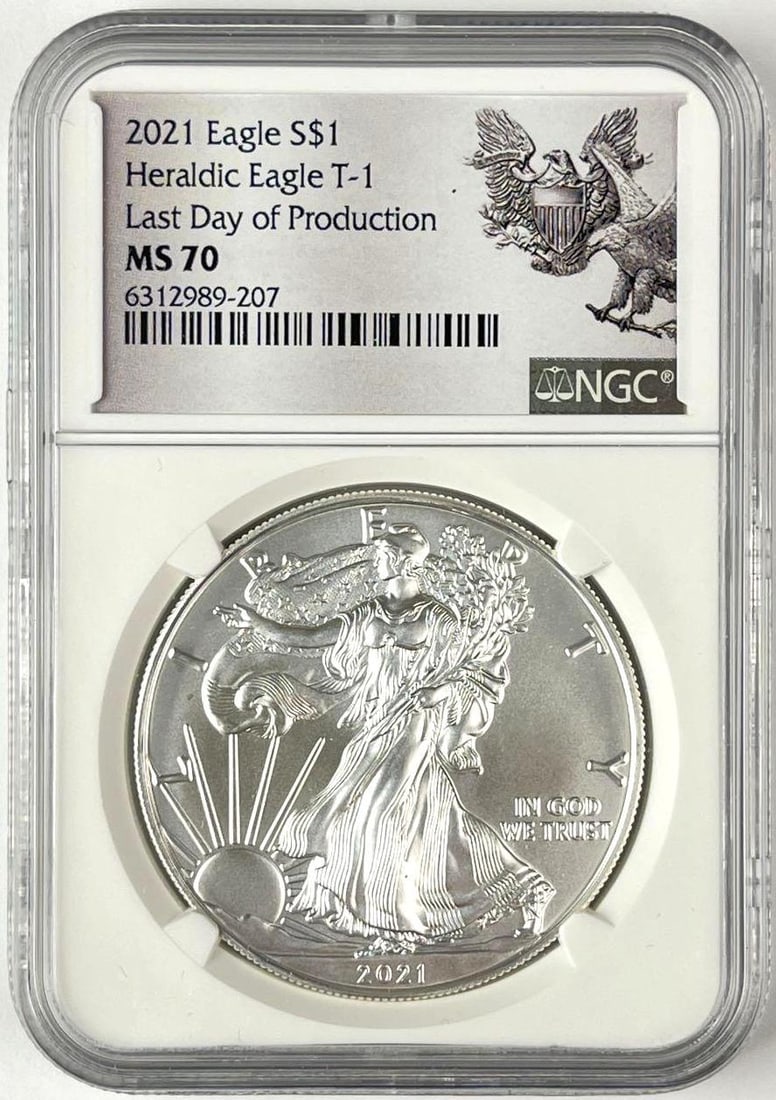 2021 US $1 American Silver Eagle 1 oz Fine Silver Coin NGC MS70: Heraldic Eagle T-1, Last Day of Production