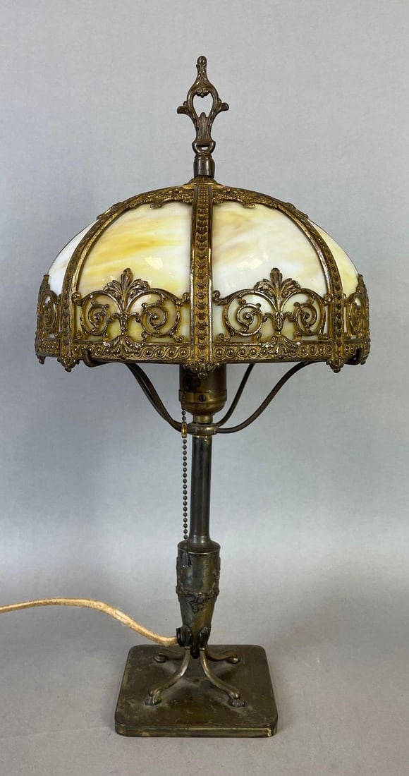 Antique Pairpoint Brass Lamp with Slag Glass Shade (1 of 4)
