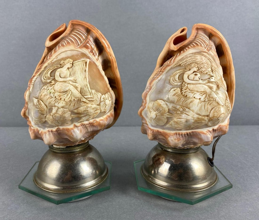 Pair of Vintage Carved Sea Shell Electric Bedside Lamps: No makers marks shown, not in working condition, cables cut previously, tallest measures 6 1/2 x 4 x 4 inches