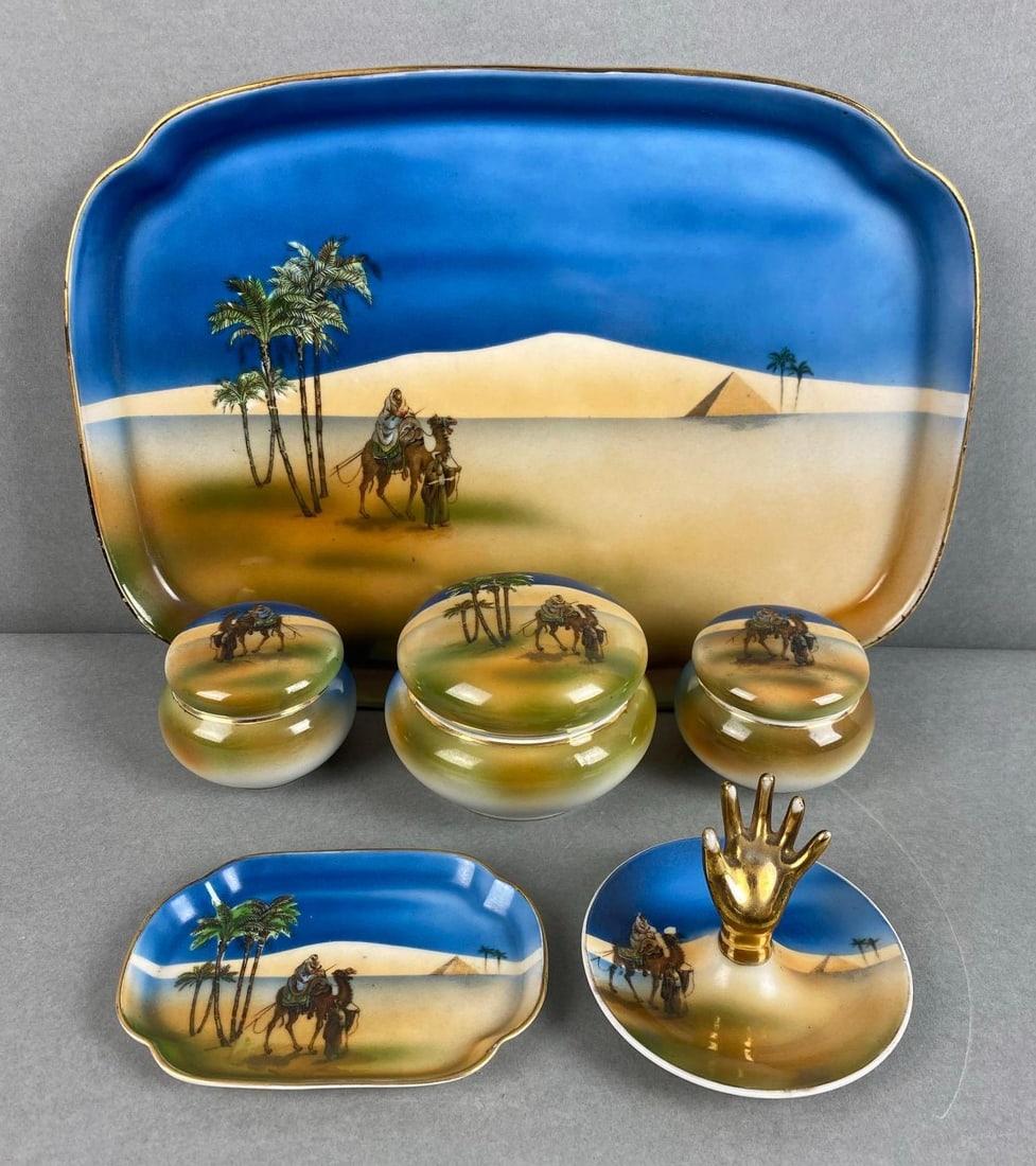Set of 6 Noritake Egyptian Motif Porcelain Dresser Set: made in Japan, largest measures 12 x 8 1/2 inches