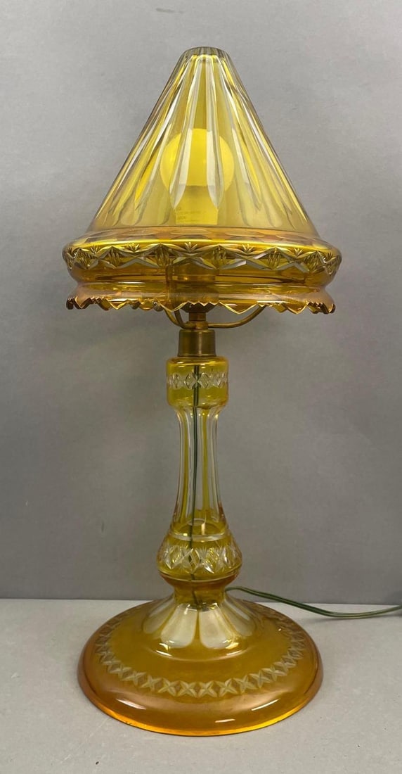 Antique Yellow Cut Glass Table Lamp with Shade (1 of 6)