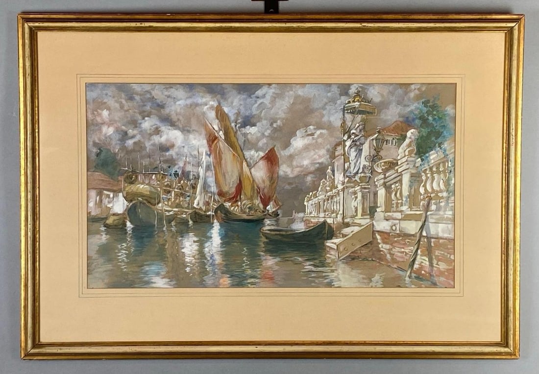 Ships along the Canal Mixed Media Painting on Paper: Unsigned, Frame measures 24 1/4 x 35 inches, Painting measures 15 x 26 inches.