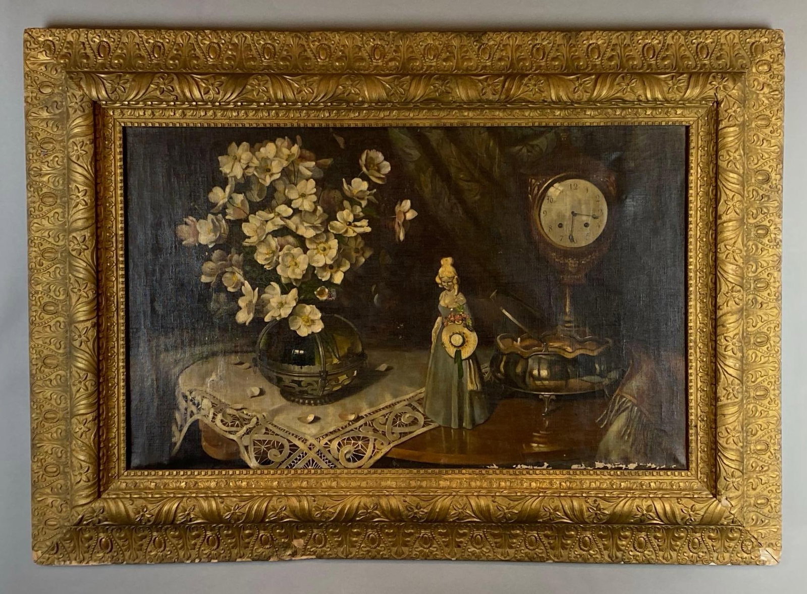 Adolf Hacker Tabletop Trinkets Still Life Oil Painting on Canvas: Artists signature on back of canvas, Small hole near center, Some paint chipping along bottom edge, Frame measures 34 x 48 inches, Canvas 23 x 36 inches.