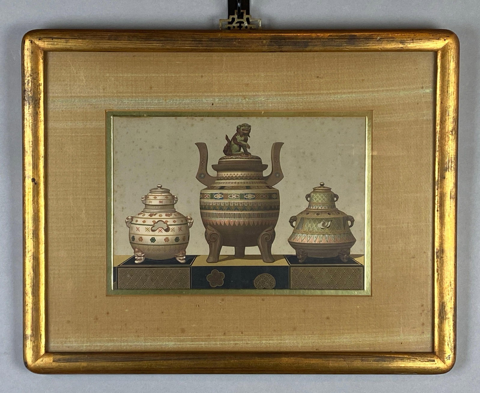 Firmin Didot Japanese Ceramics Chromolithograph on Paper: Unknown artist, Originally from book on Japanese Ceramic Art, Some foxing and staining, Frame measures 15 1/2 x 19 1/2 inches, Lithograph measures 8 x 11 1/2 inches.
