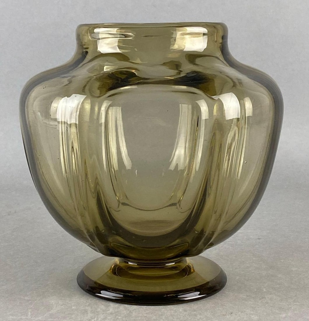 Art Deco Amber Glass Vase with Ground Pontil: Some fleabites, Measures 7 3/4 x 7 1/2 x 7 1/2 inches.