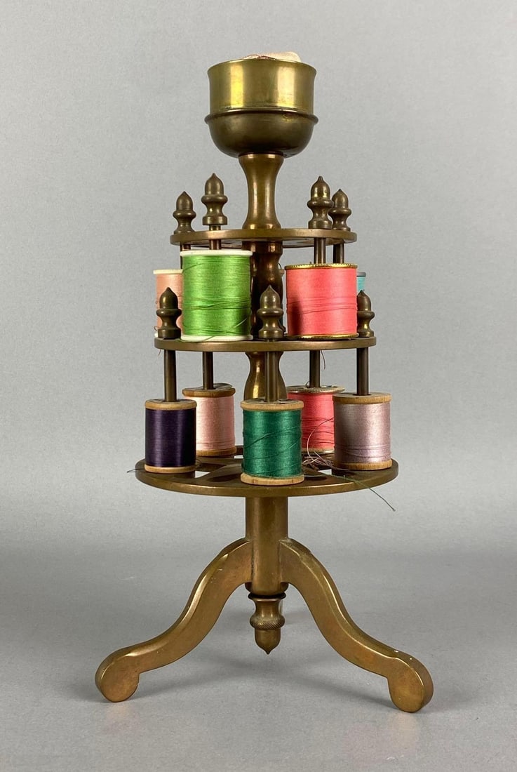 Antique Cast Brass Thread Spool Carousel Stand: assorted thread colors and lengths, measures 10 1/2 inches H x 5 1/2 inches W x 5 1/2 inches D