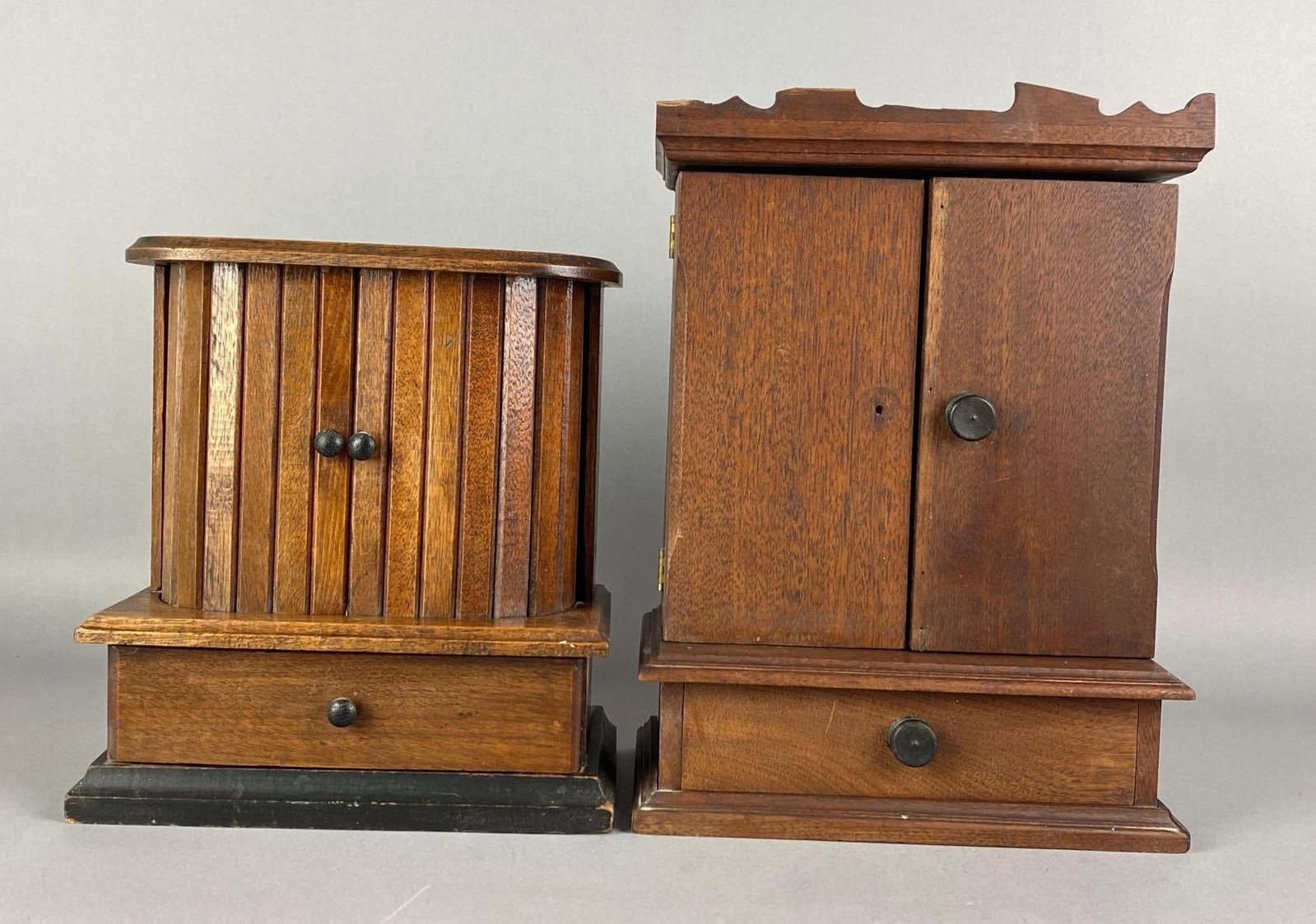 Group of 2 Vintage Wood Thread Spool Cabinets: Each includes assorted colors and lengths and thread, Largest measures 12 1/4 inches H x 9 inches W x 5 inches D