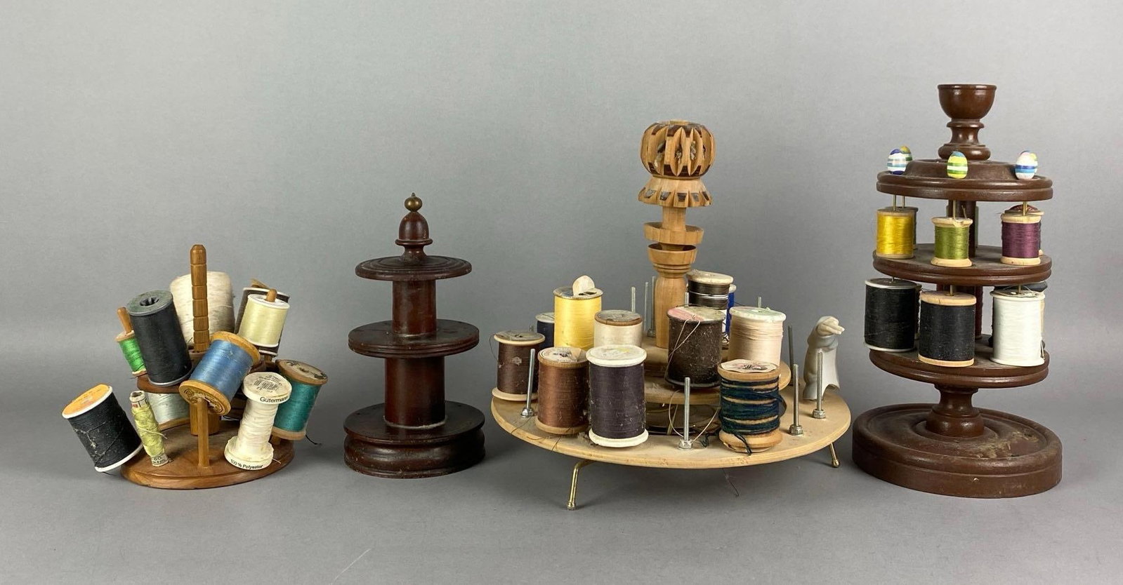 Group of 4 Antique Wood Thread Spool Carousel Stands (1 of 3)