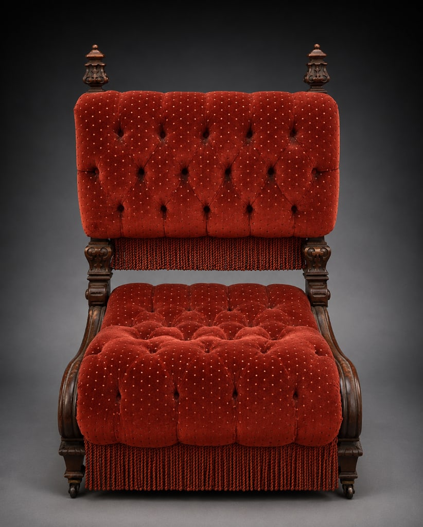 Antique Victorian Red Velvet Tufted Chair: NO IN HOUSE SHIPPING AVAILABLE, THIRD PARTY SHIPPING RECOMMENDED, measures 28 inches H x 27 inches W x 30 inches D