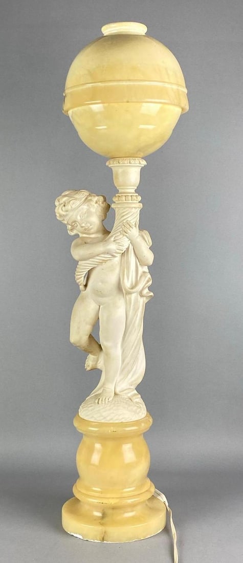 Antique Prof. Giuseppe Bessi Figural Cherub Alabaster Lamp: In working condition, needs cleaned, chipping shown along base, measures 31 inches H x 8 inches W x 7 1/2 inches D