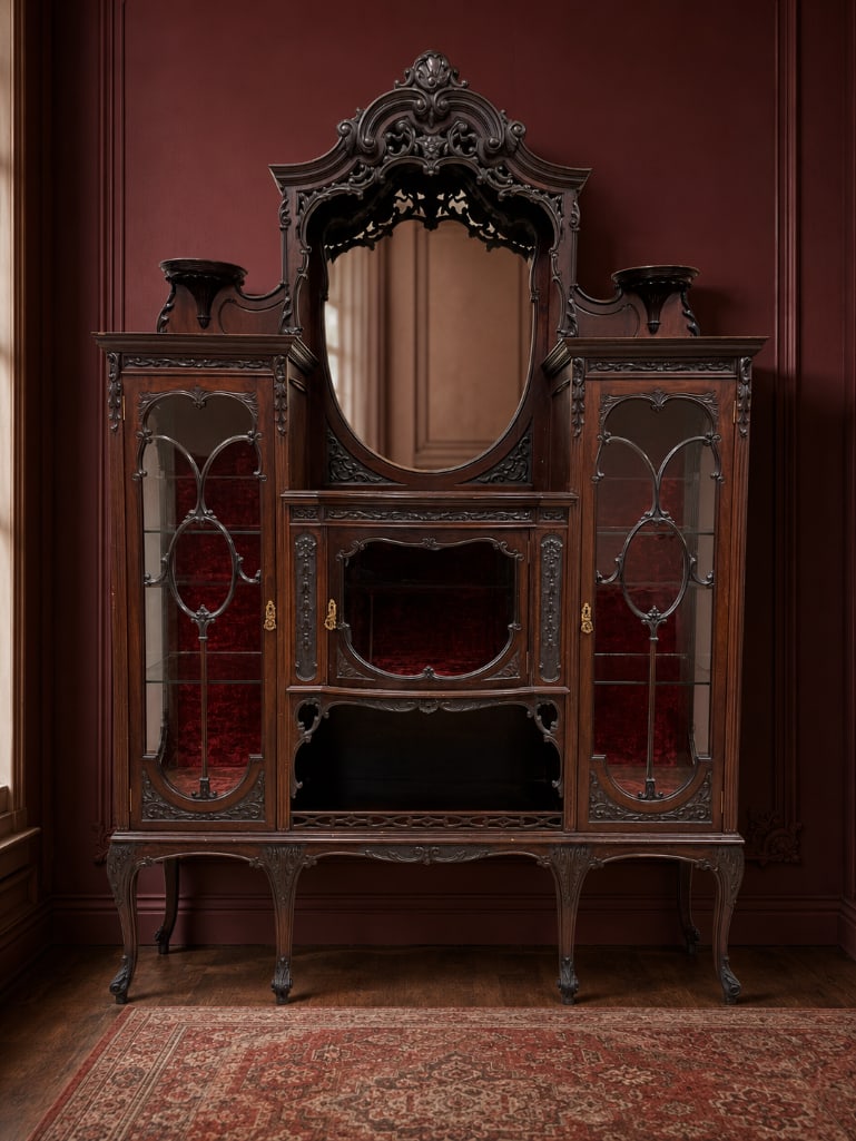 Victorian Style Ornate Walnut Curio Cabinet: No in-house shipping available, 3rd party shipper or pickup. Few loose or missing trim pieces, dents and cracks in photos, does not have key, measures 86" x 57 1/4" x 18"