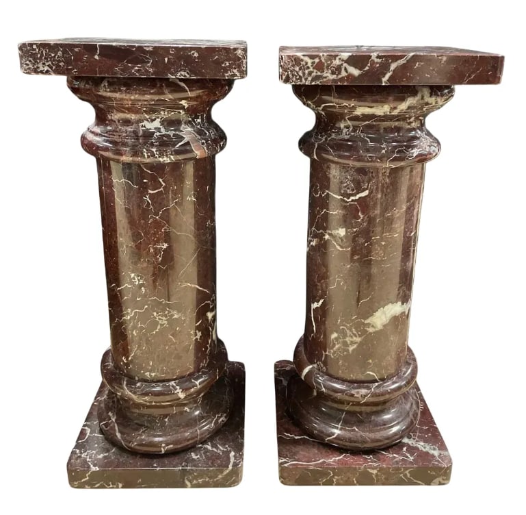 Pair of Italian Style Deep Red Marble Pedestals: No in-house shipping available, 3rd party shipper or pickup. Each comes apart in 5 pieces, slightly taller column measures 34" x 14" x 14"