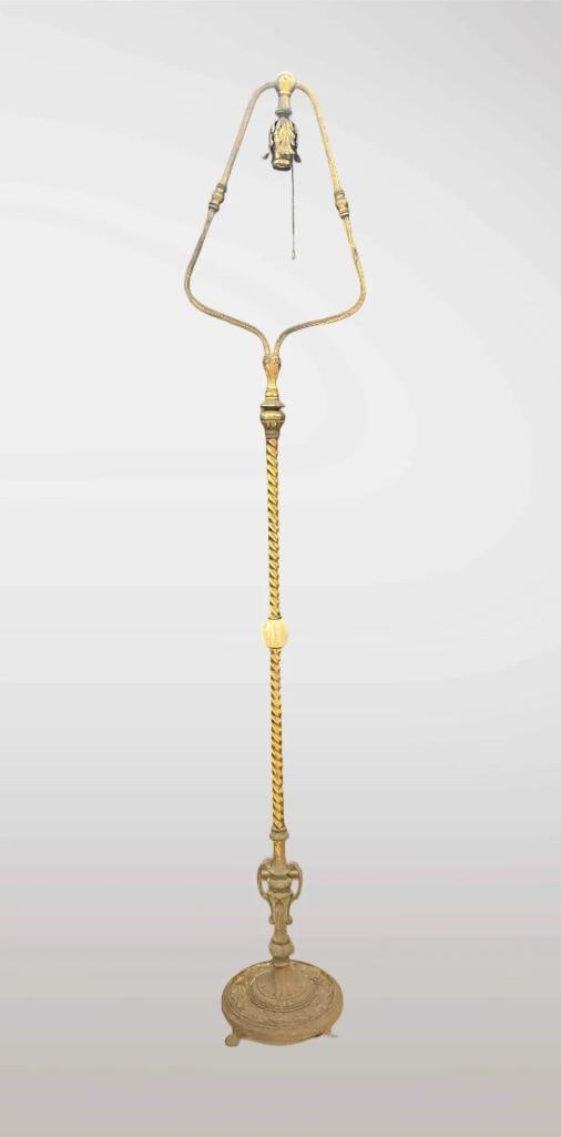 Antique 1930s Art Deco Harp Shaped Floor Lamp: Will need rewiring due to broken cord. Untested. Measures 60 inches tall. No in house shipping, third party recommended.