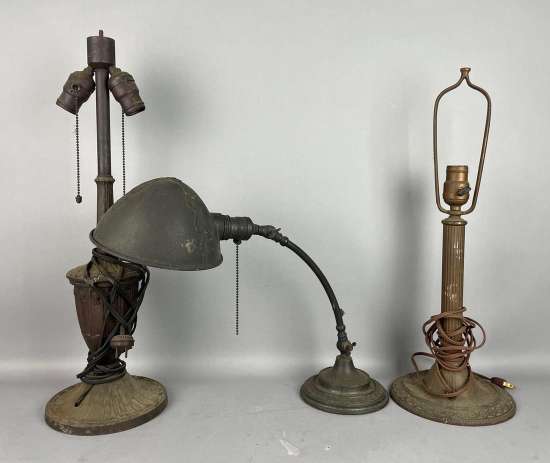 Group of 3 Antique Metal Table Lamps: Includes empire adjustable desk lamp, untested, largest measures 22 1/2" x 7"