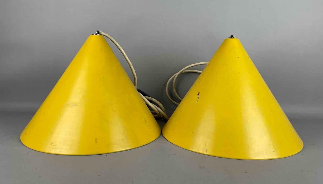 Group of 2 MCM Yellow Cone Pendant Lights: Untested, metal shades, each measure 10 3/4" x 14"