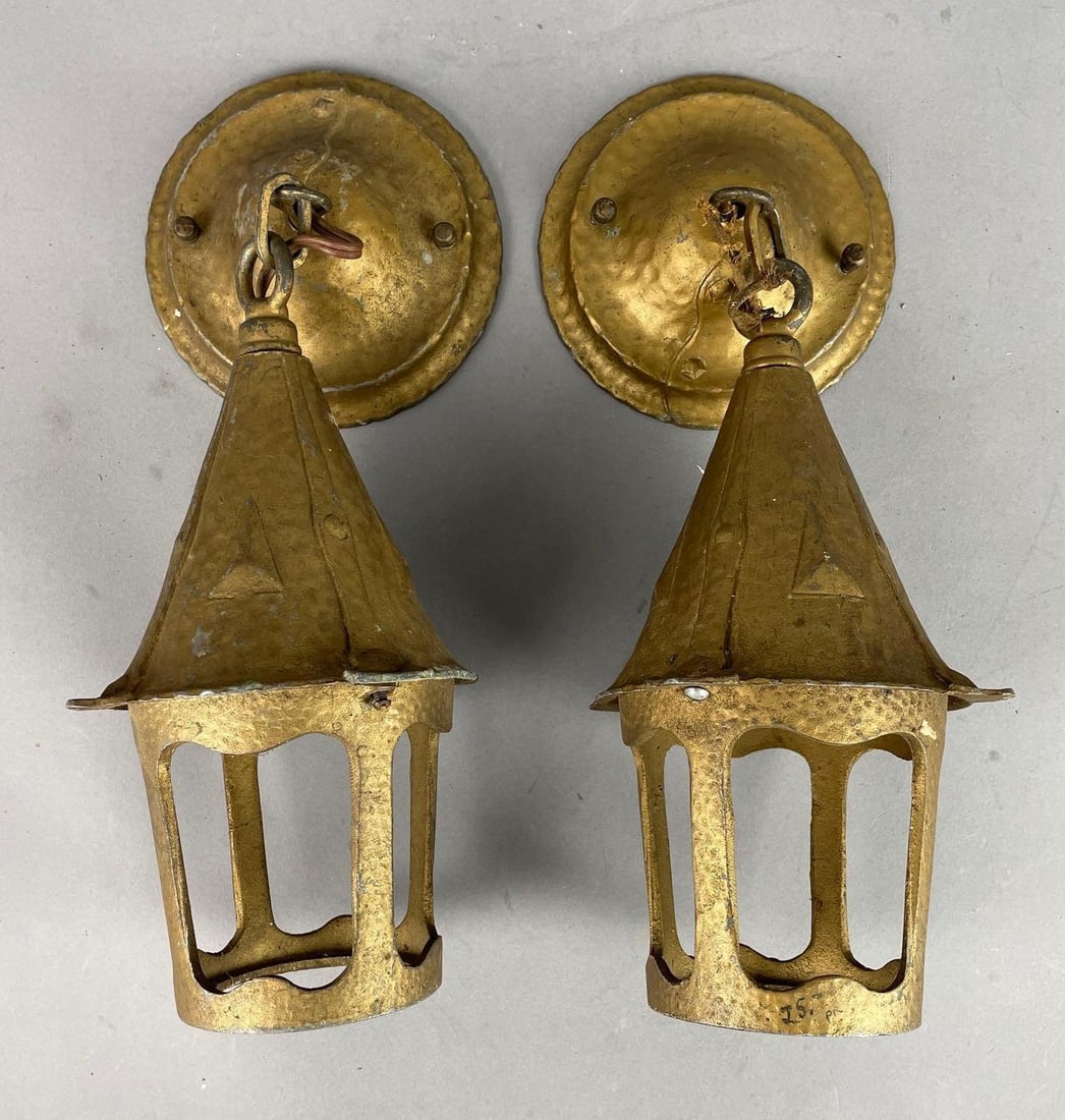Pair of Arts and Crafts Gilded Metal Outdoor Wall Sconces: Each measure 14" x 6"