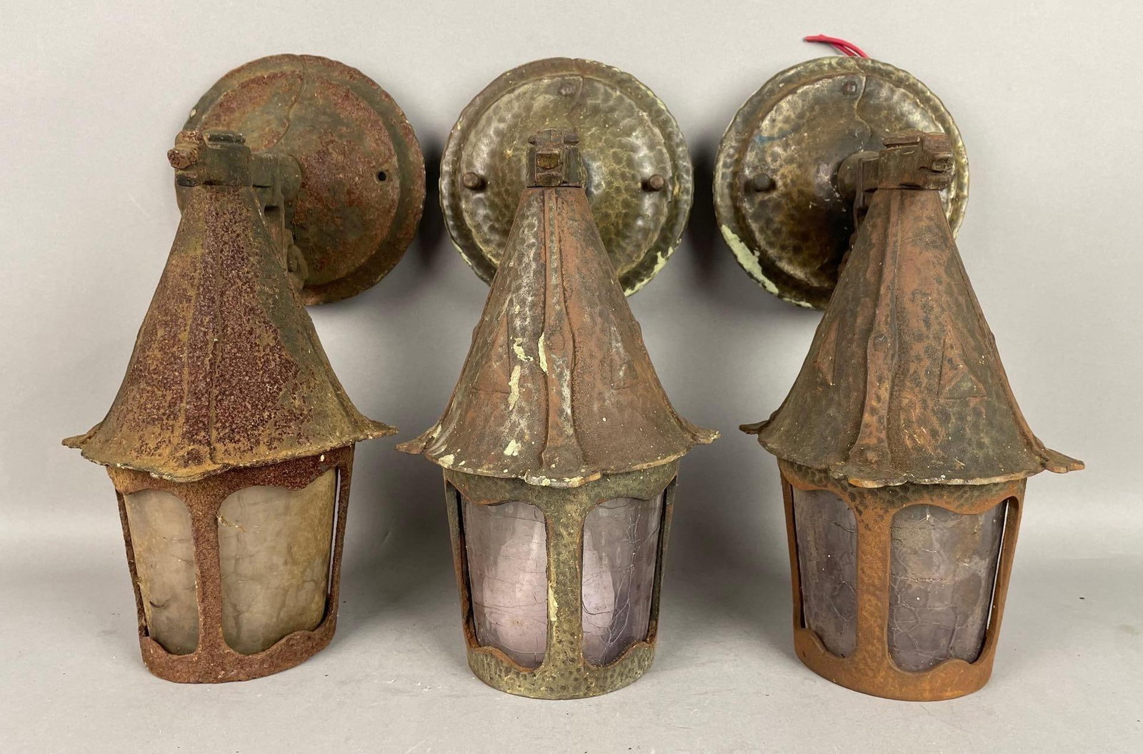 Group of 3 Arts and Crafts Hammered Metal Outdoor Sconces: Spanish revival style, measures 12" x 6" x 7"