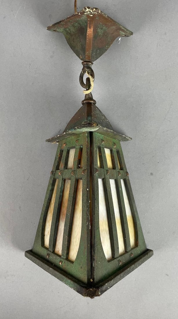 Arts and Crafts Brass and Slag Glass Triangular Pendant Lamp: Working condition, measures 13 1/2" x 7 1/4" x 6 1/2"