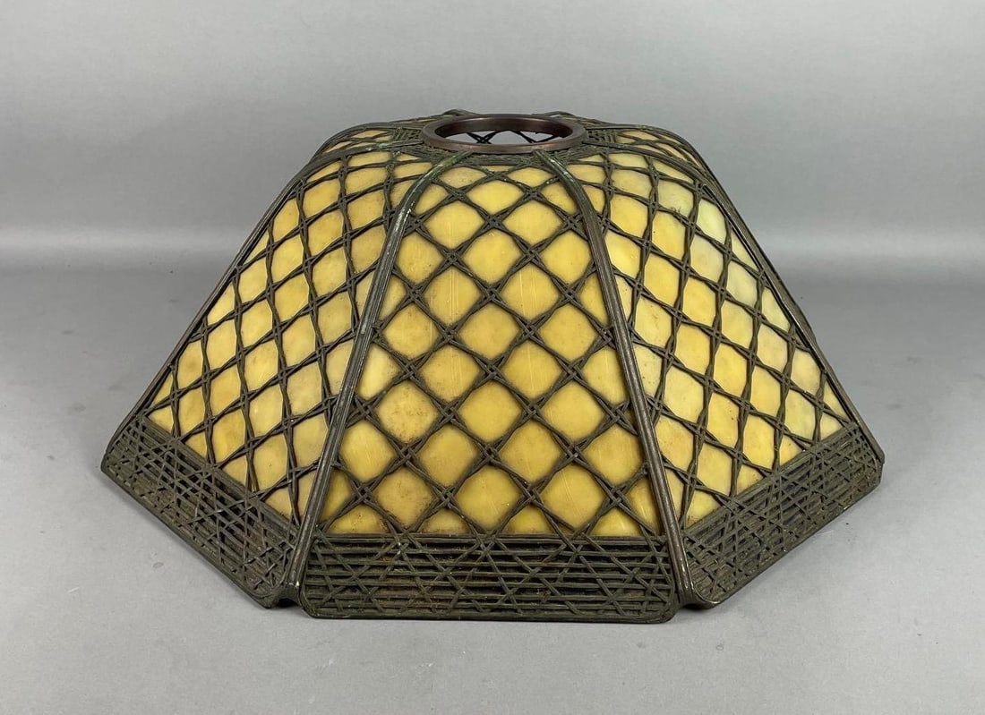 Antique Basket Weave Slag Glass Lamp Shade: One panel loose, missing black slat, 3 other black slats broken, measures 8" x 20" x 20"